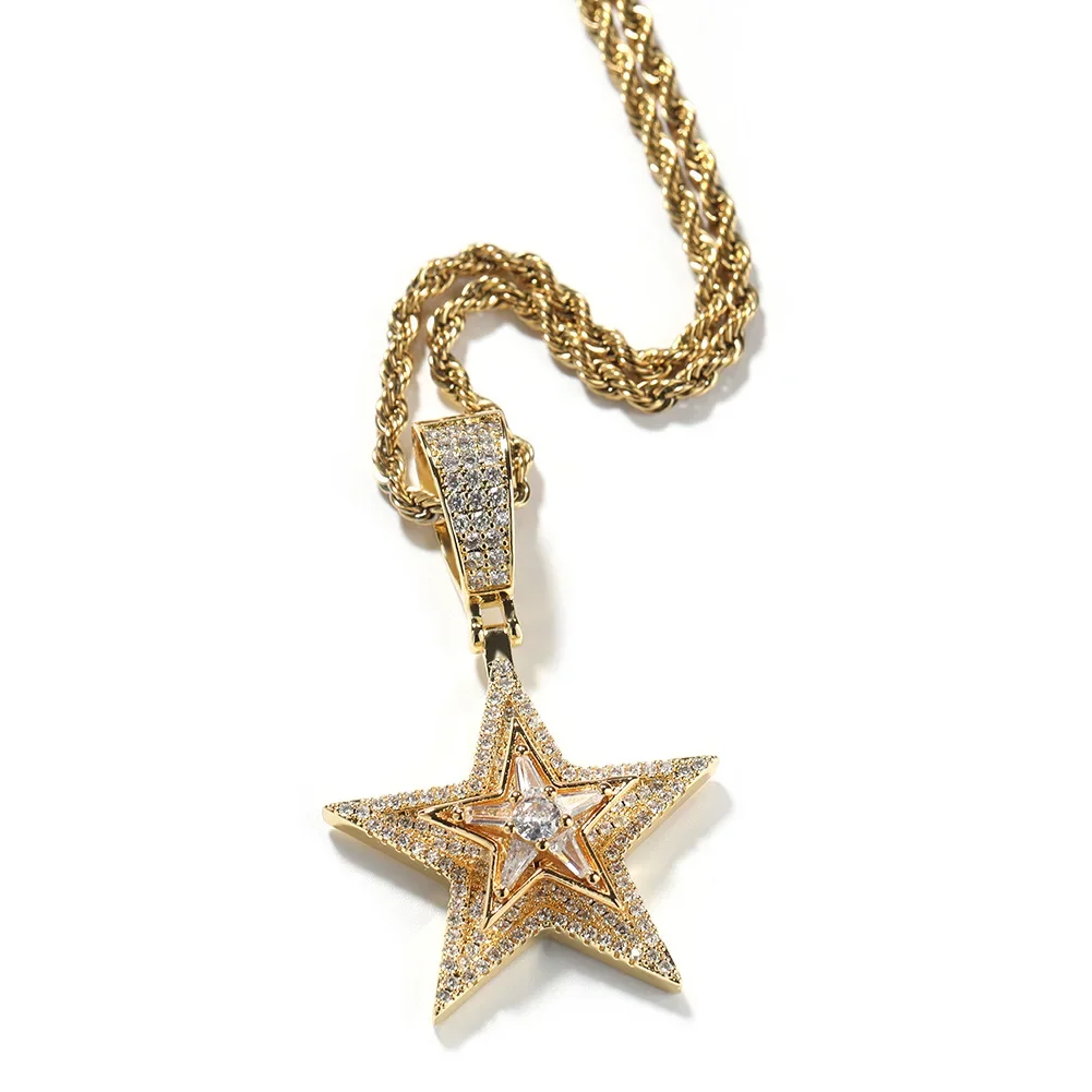 New Fashion jewelry Charms Iced Out Trendy Hip-hop Rotating Pentagram Pendant Necklace with Diamond-studded for Women and Men