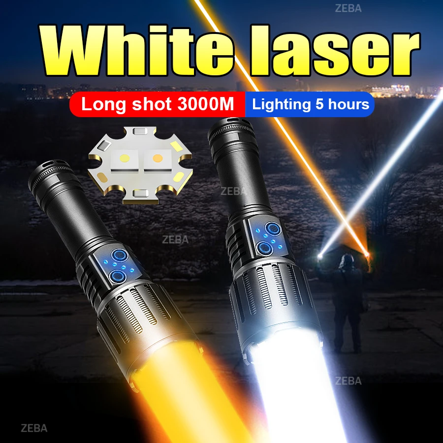 

2025 White Laser Super Big Flashlight Rechargeable Most Strong LED Flash Light Long Range Torch Zoom Outdoor Camping Lantern