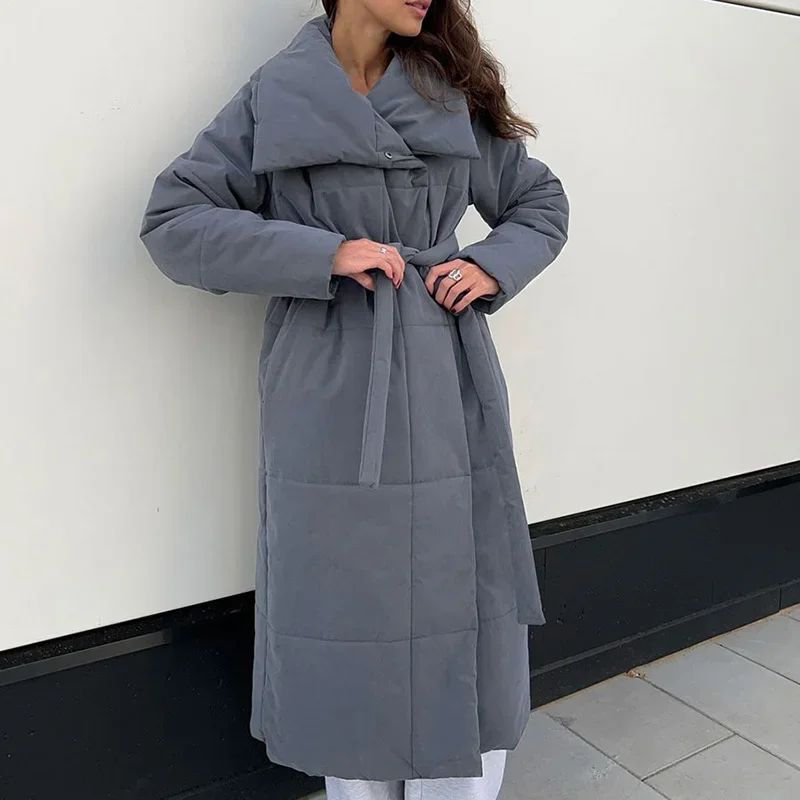 Casual Solid Long Parkas Women Winter Warm Soft Oversize Female Puffy Coat New Stand Collar Belt Ladies Cotton Jackets Outerwear