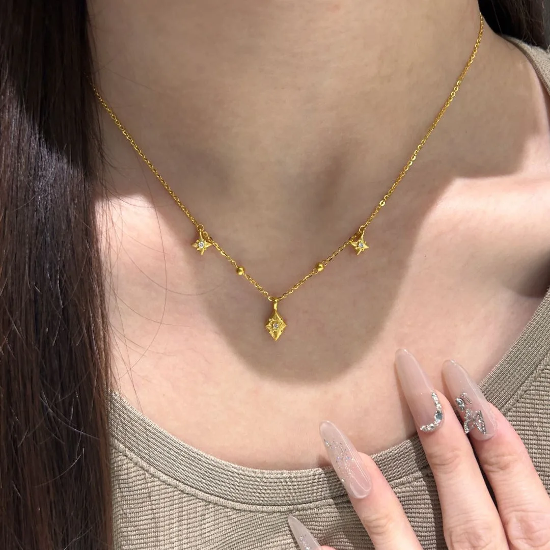 Classic Elegant inlay diamond four-pointed star necklace fashion luxurious high-end tassel collar chain wedding jewelry gift