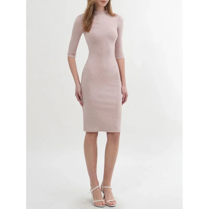 

2026 Spring Ribbed Knit Mid-Sleeve Dress With Half-High Collar,, Bodycon Skirt, Mid-Length Elegant Dress