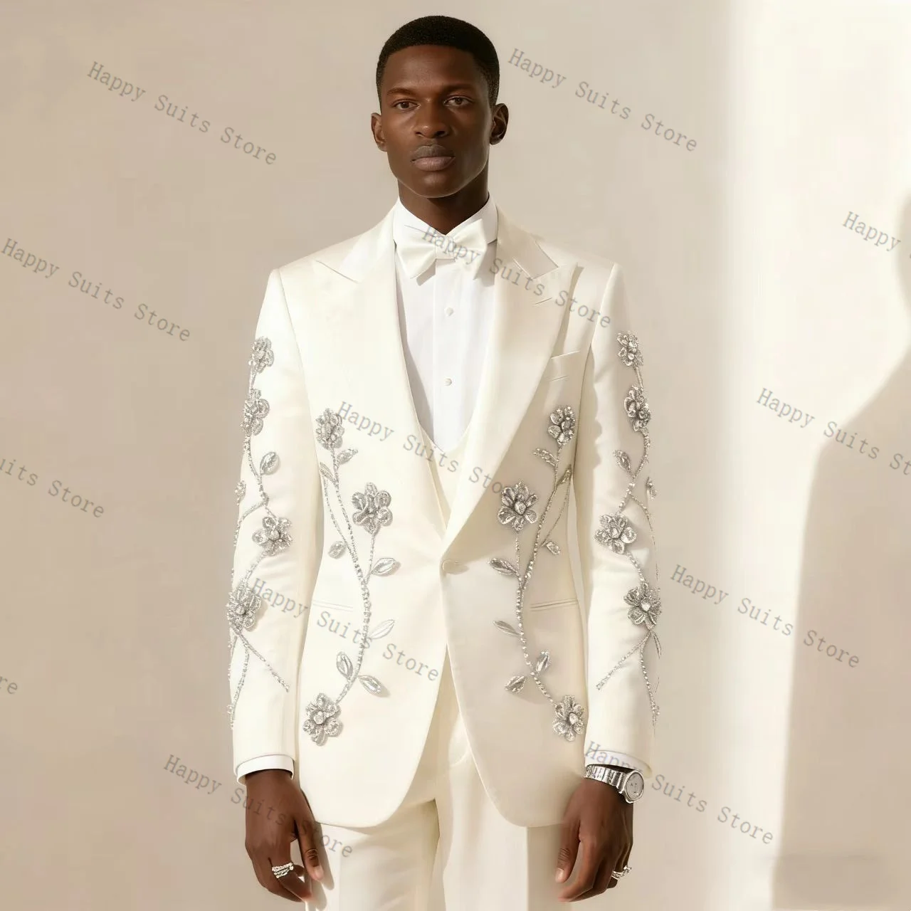 Weißer Kristall-Herrenanzug, 2-teilig, Bräutigam-Blazer + Baumwollhose, Formeller Büroanzug, Hochzeits-Smoking, Maßgeschneiderte Jacke