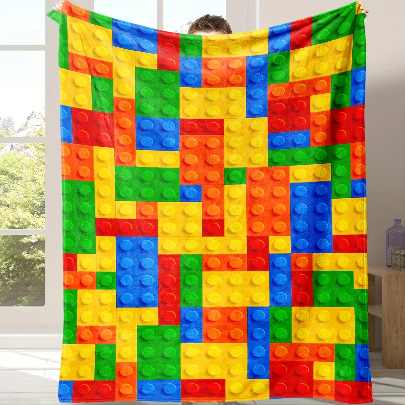 Building Block Design Flannel Blanket - Soft Lightweight All-Season Throw for Sofa, Bed, Travel & Camping - Contemporary Style