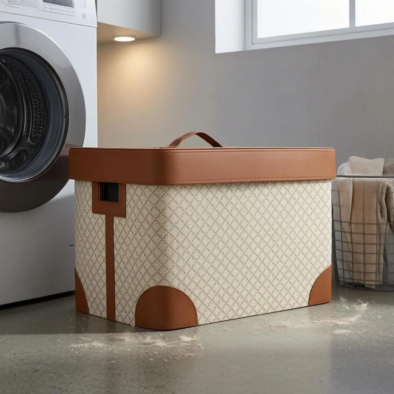 Rectangular Lidded Basket Leather Trim Lidded Storage Box Beige Rectangular