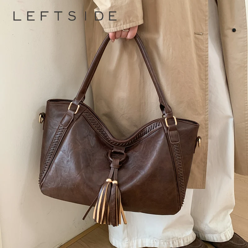

LEFTSIDE Women's Leather Handbag with Elegant Tassel Classic Shoulder Bag Minimalist Crossbody Purse for Daily Casual Style