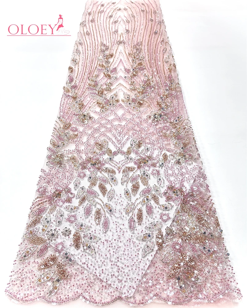 OLOEY  Luxury African Sequins Groom Lace Fabric  High Quality French Nigerian Beaded Lace Fabric For Wedding Dress