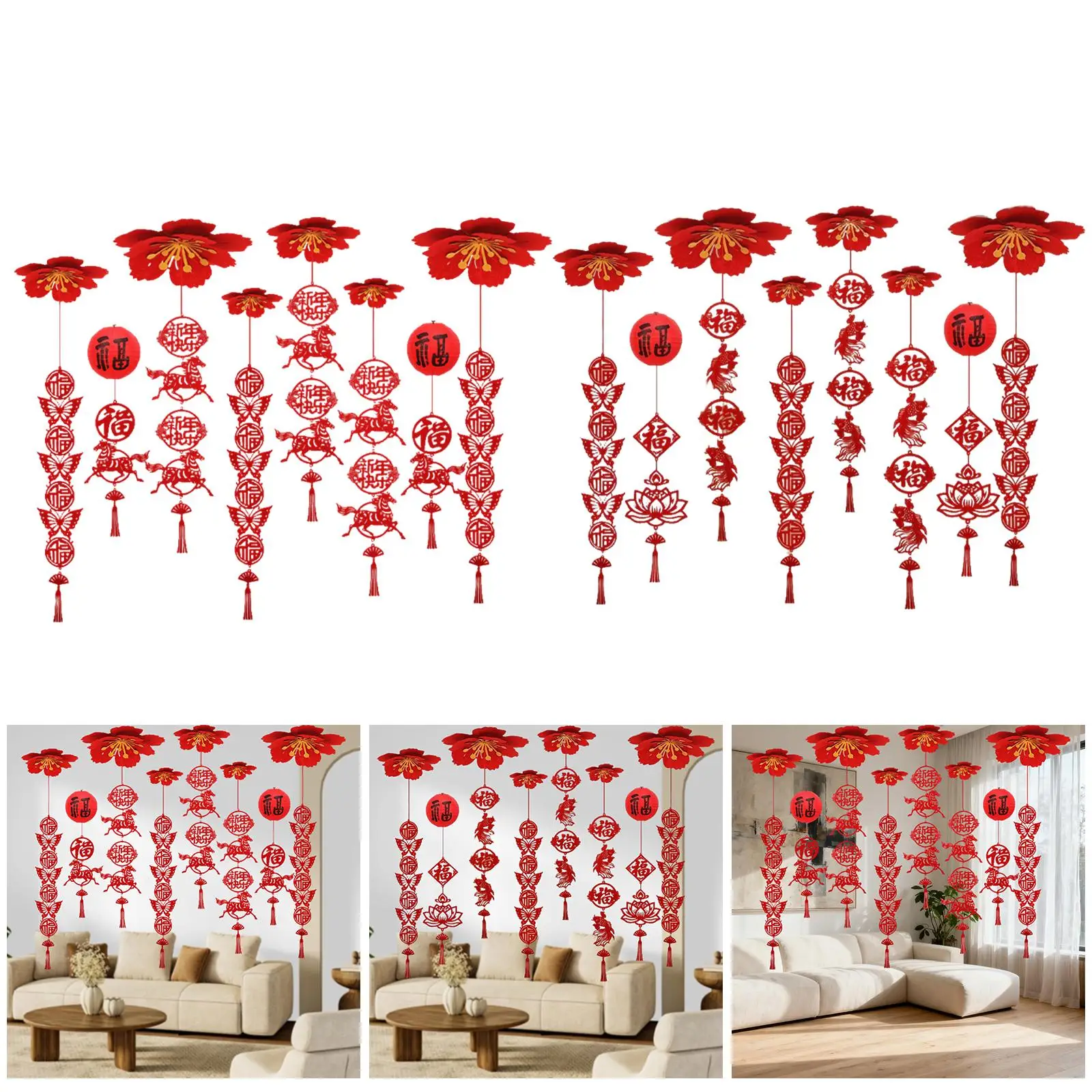 Red Felt New Year Ceiling Decoration Tassel Pendant Traditional Horse Year Decor for Chinese Party Event