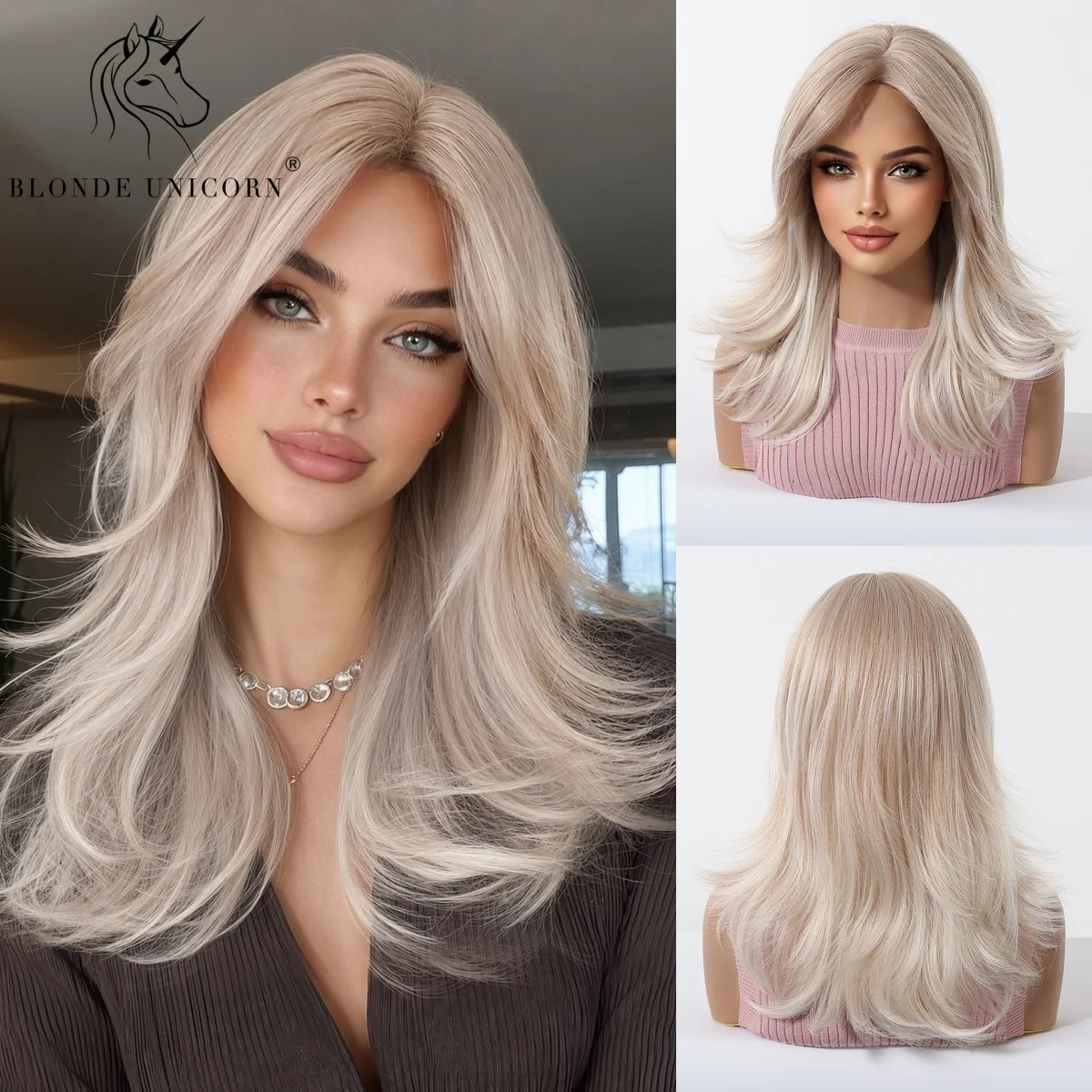 Ash Blonde Ombre Layered Long Straight Synthetic Wig with Curtain Bangs Flipped Ends Center Part Heat Resistant Natural Looking