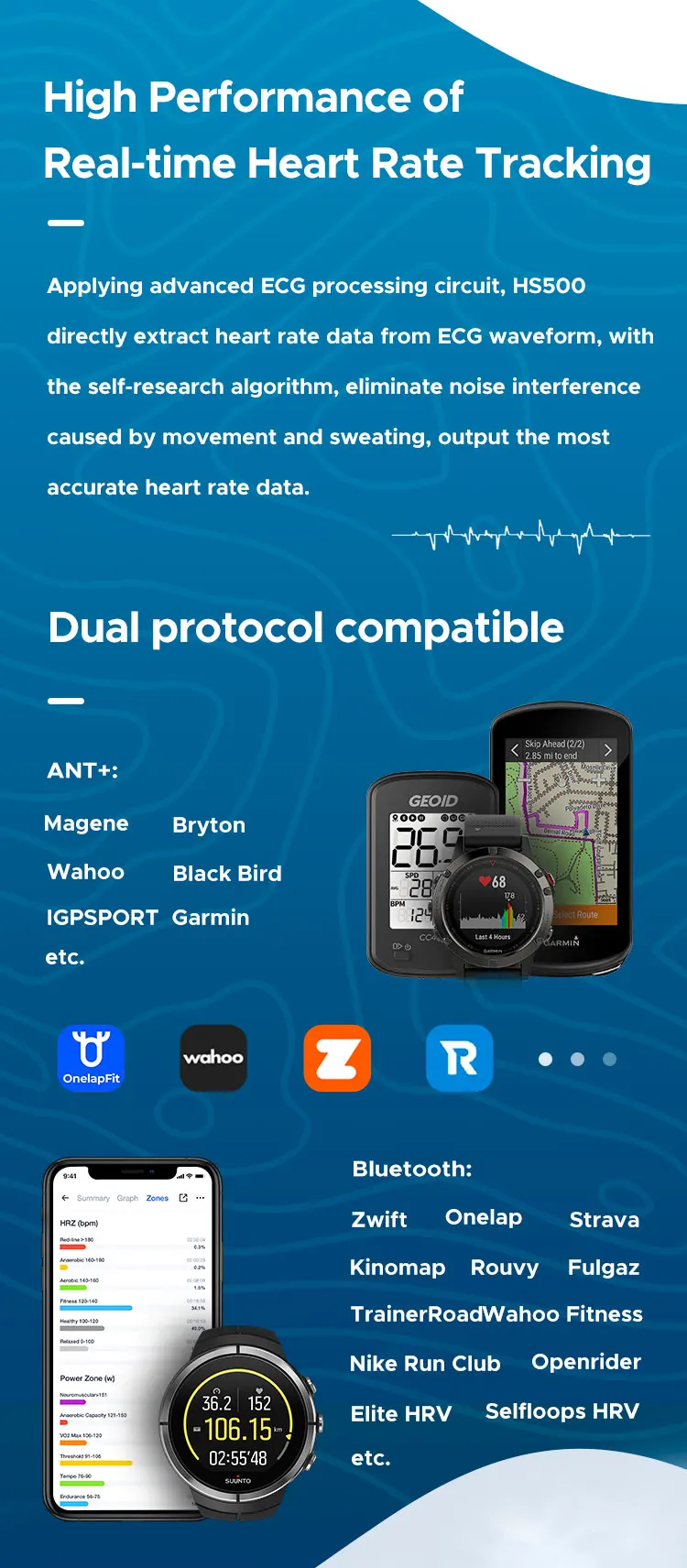 GEOID HS500 Herzfrequenzmesser Brustgurt Dual-Mode Herzfrequenzsensor ANT+Bluetooth für Magene Garmin Wahoo Fahrradcomputer – Detail 3