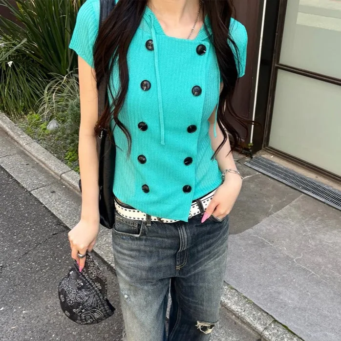 Slim Fit Women's Short Sleeve T-Shirt Hooded Casual Thin Top Double Button Pure Color Versatile Summer Fashion Polyester Fiber