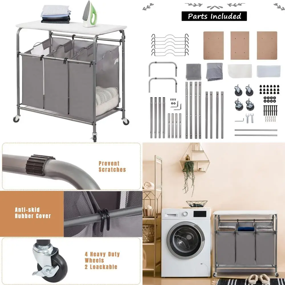 

Прочная трехсекционная тележка-сортировщик для белья со складной гладильной доской и съемными сумками, темно-серая