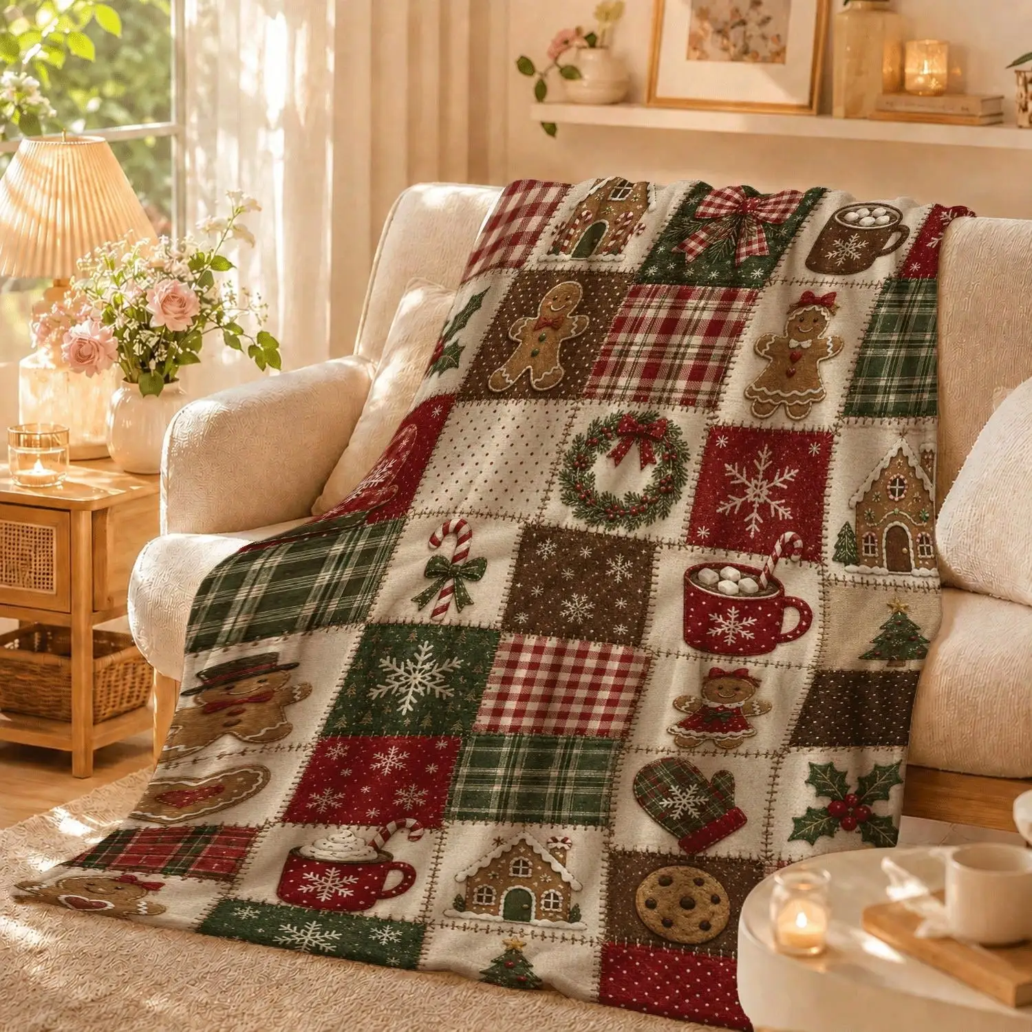 Flannel Fleece Blanket Gingerbread House Cookie Cocoa Patchwork Print Red Green Ultra Soft Throw Blanket Cozy Plush Blanket Lightweight Warm Blanket Machine Washable Blanket All-Season Sofa Bed Blanket For Couch Sofa Bed Bedroom Dorm Holiday Home