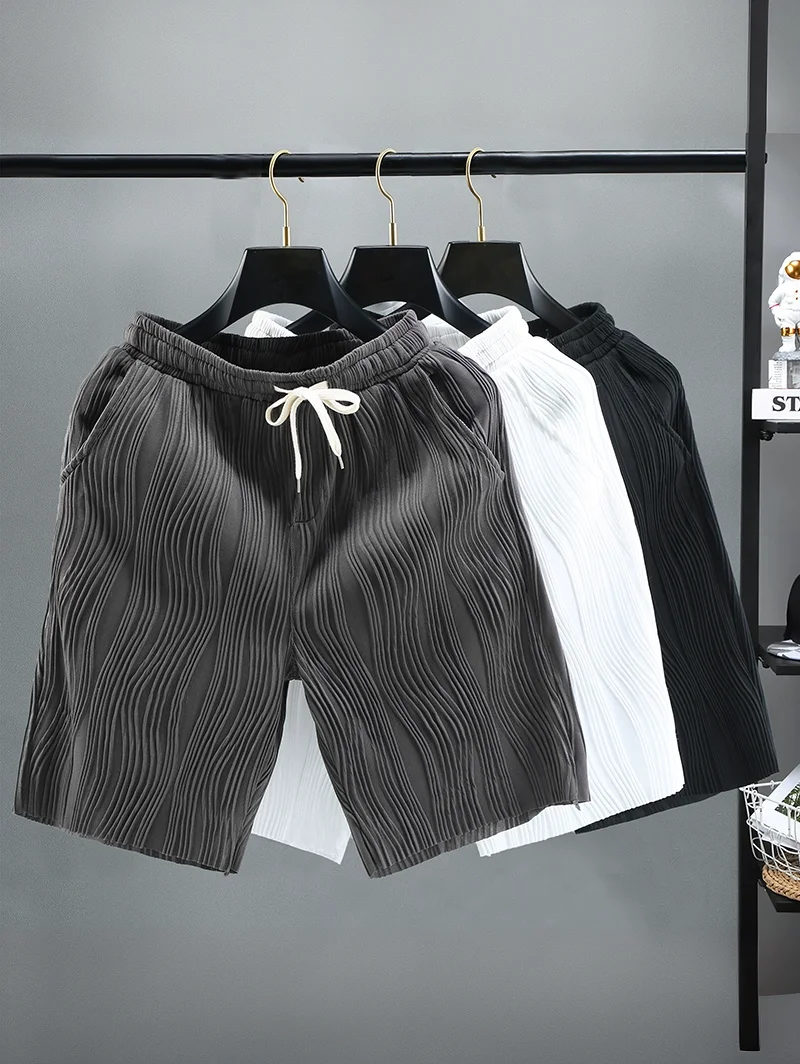 

Летние мужские повседневные эластичные спортивные шорты, дышащие, свободного кроя, больших размеров, пляжные, модные, трендовые, средней длины (до колена)