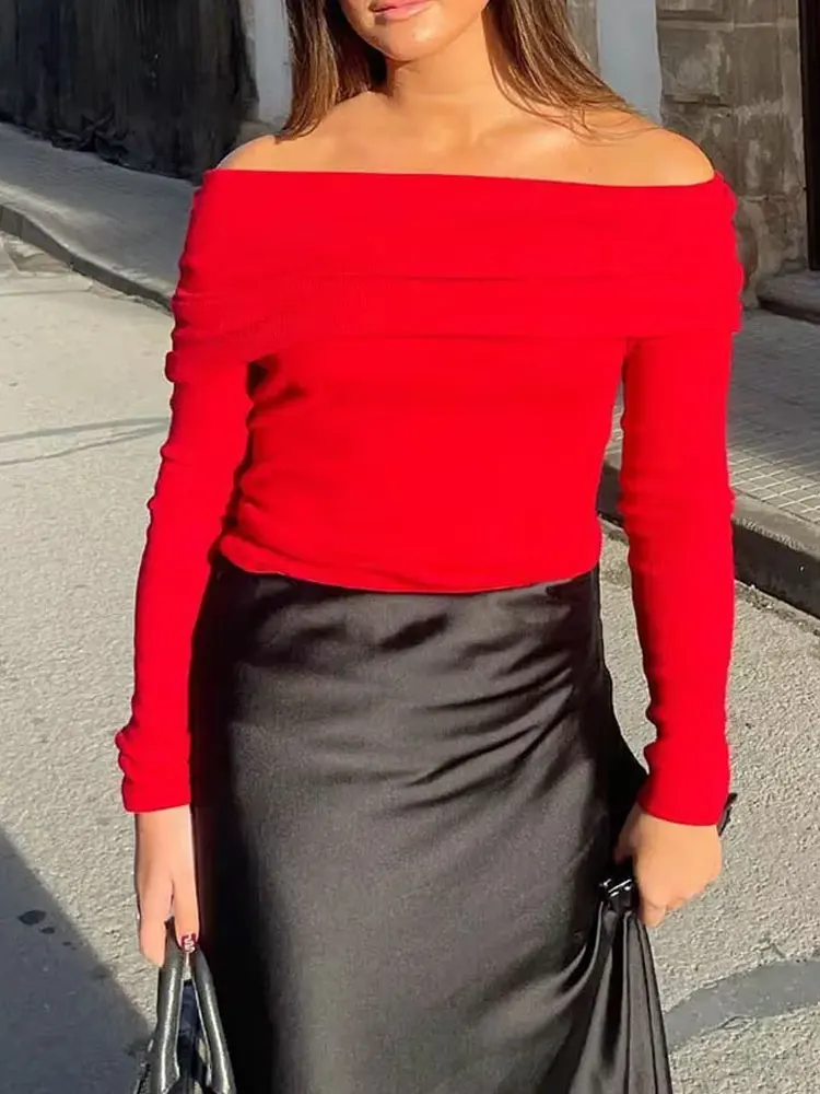 HH 2025-camisetas sexis de manga larga con hombros descubiertos para mujer, Top de algodón, camisetas cortas fruncidas simples básicas translúcidas