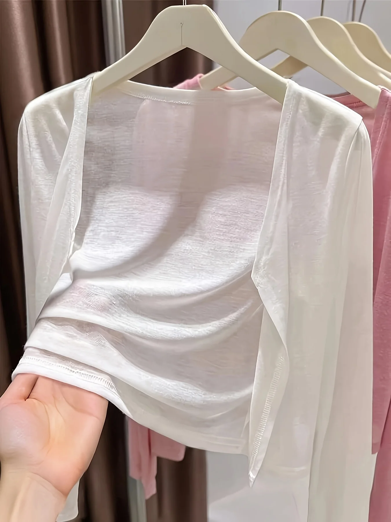 1 unidad de cárdigan corto de bambú para mujer, protección solar, fino y transparente, de manga larga, para aire acondicionado, cárdigan de verano, tipo camisola.