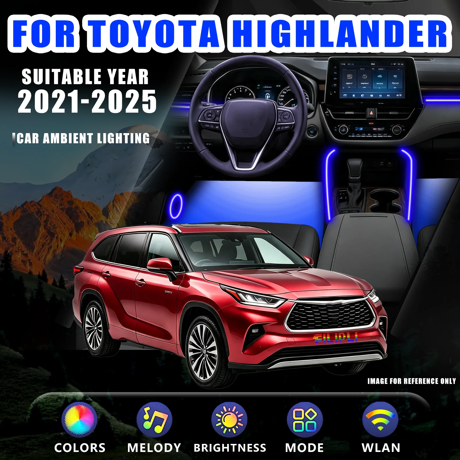 FOR TOYOTA Highlander 2021-2025 YEAR RGB 6 Lights car ambient light kit zone constant color lock car find flash response dedicated plug adapter low voltage steady drive lighting kit