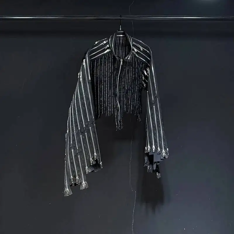 Men Multi Zip Fringe Jacket Cropped Fit Streetwear Dark Fashion Tops Outwear Distressed Stand Collar Outwear NH6Y