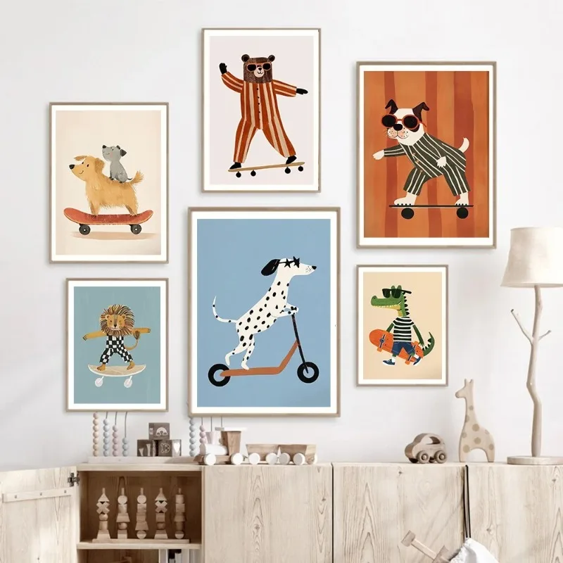 Posters Prints Wall Art Canvas Neutral Nursery Picture for Baby Kids Room Decor Unframed Funny Animals Rabbit Dog Cat Skateboard