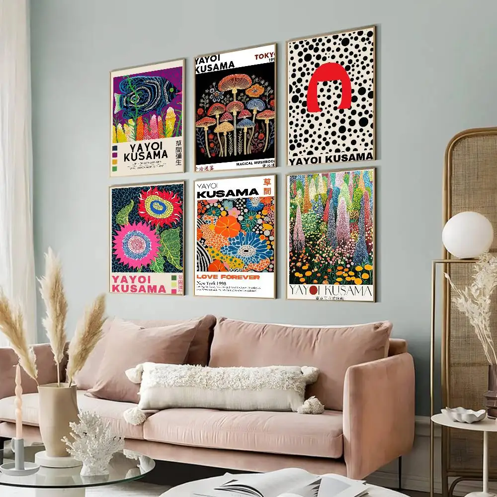 Yayoi Kusama Japanische abstrakte Vintage-Poster, selbstklebende Vintage-Dekoration für Zimmer, Zuhause, Bar, Café, Kawaii-Raumdekoration