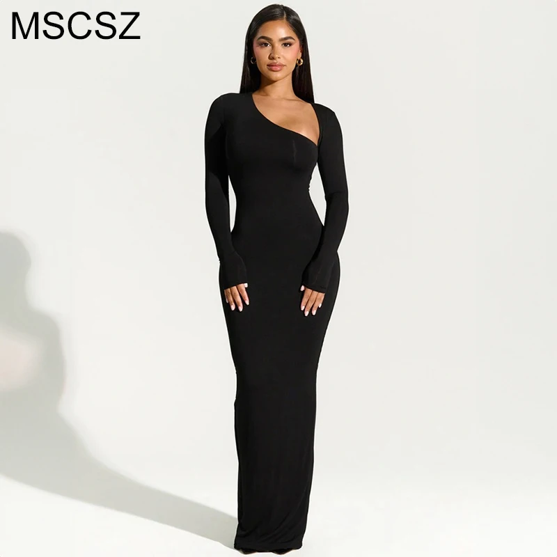 

MSCSZ 2025 Spring New Long Black Dress For Women V-Neck Long Sleeve Long Dress Sexy Split Maxi Party Dress