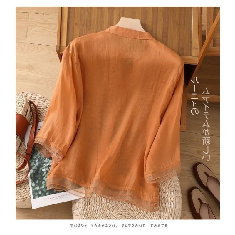 Kaus Vintage bordir mewah, pakaian wanita tren atasan kardigan kasual longgar mantel pendek kancing Patchwork musim panas blus
