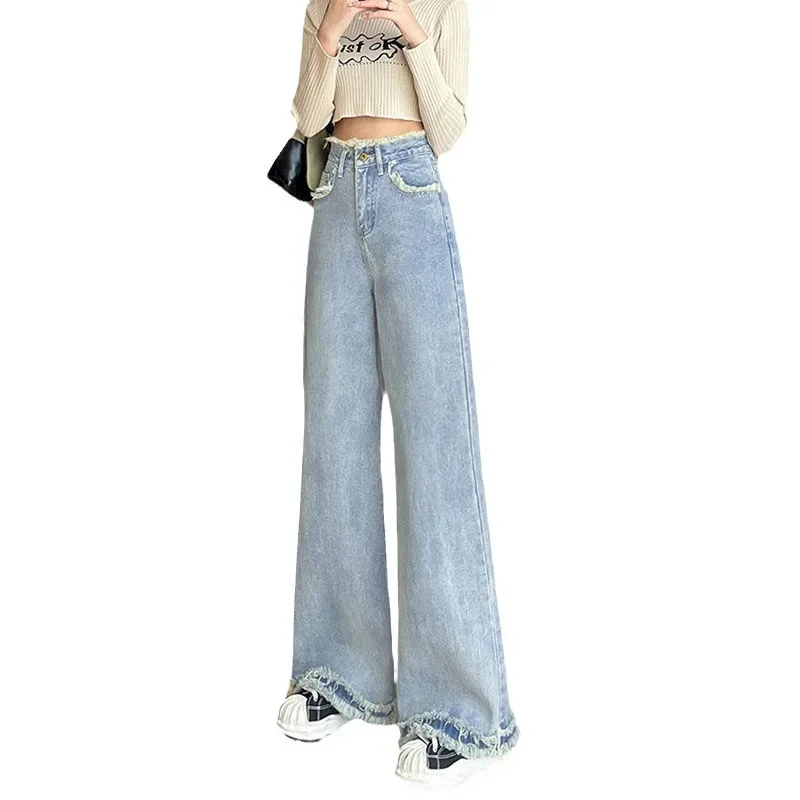 Pantaloni in denim a gamba larga Jeans dritti da donna Tasche lavate invecchiate a vita alta Pantaloni lunghi fino al pavimento vintage 2025 Streetwear