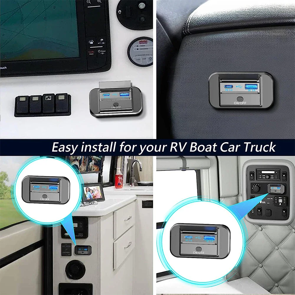 고속 충전 PD C타입 듀얼 USB 포트, 자동차 버스 충전기 소켓 어댑터, 12V, 24V USB 전원, Swith 포함, 해양 오토바이