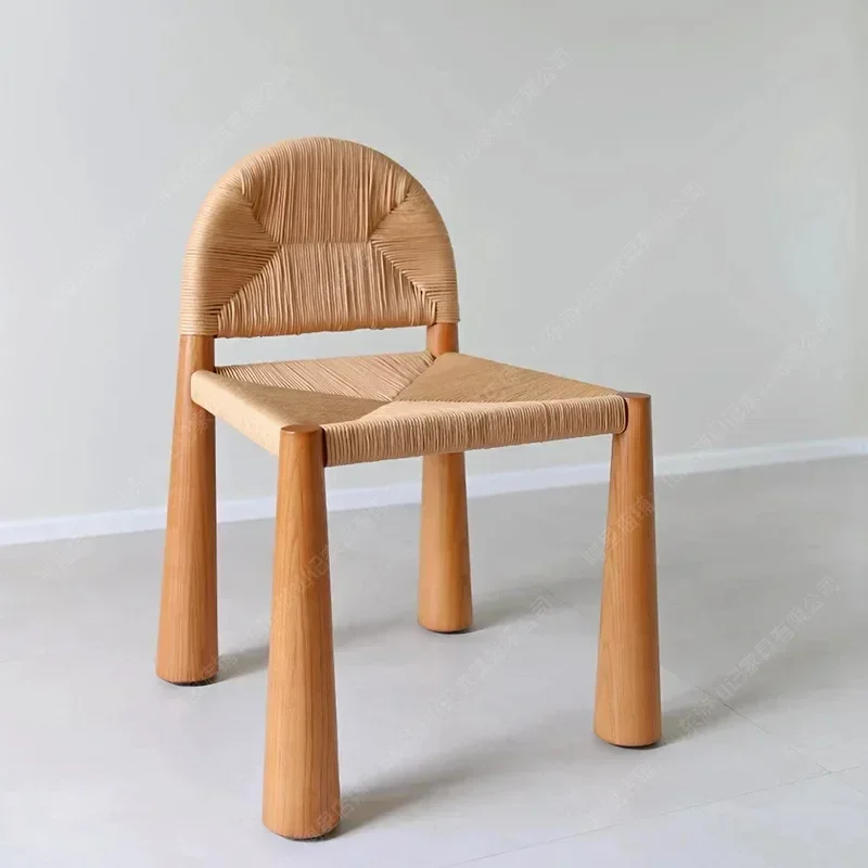 

Vintage Solid Rope Weaving Chair Minimalist Cream Style Single Seat Designer Dining Chair Creative Backrest Modern Furniture