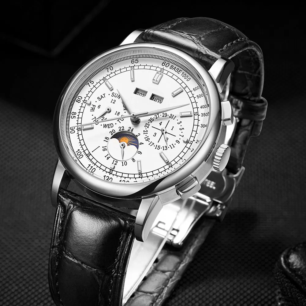 Corgeut Moon Phase Wristwatches 42mm Top Brand Mechanical White Dial Silver Year Day Month Week 316L SS Case Automatic Watch Men