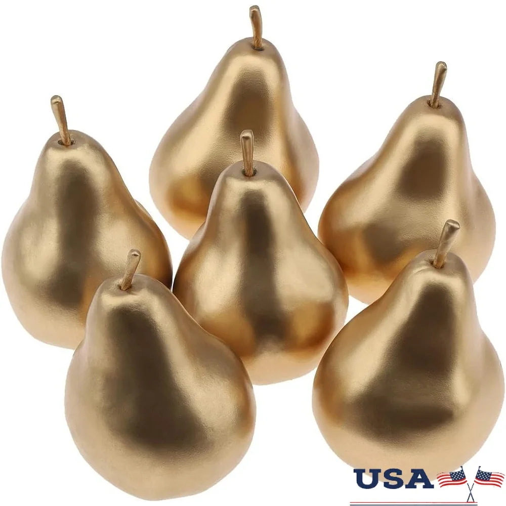 

6 PCS Faux Golden Pears Artificial Fruit Decorative Set Realistic Table Centerpiece Home Kitchen Wedding Party Decor