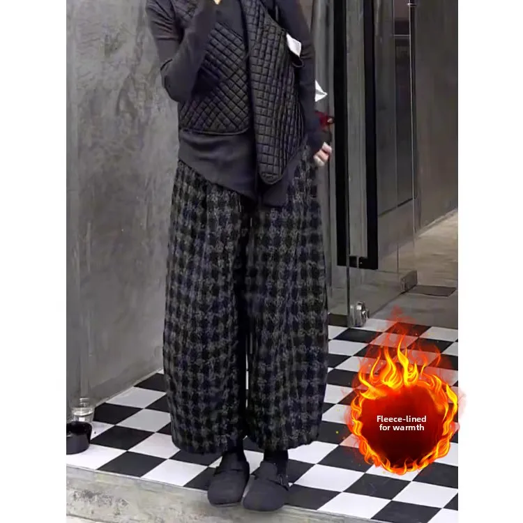 Ele Plaid Fce gevoerde broek met wijde pijpen Casual recht gesneden winter losse afslankbroek voor dames in grote maten
