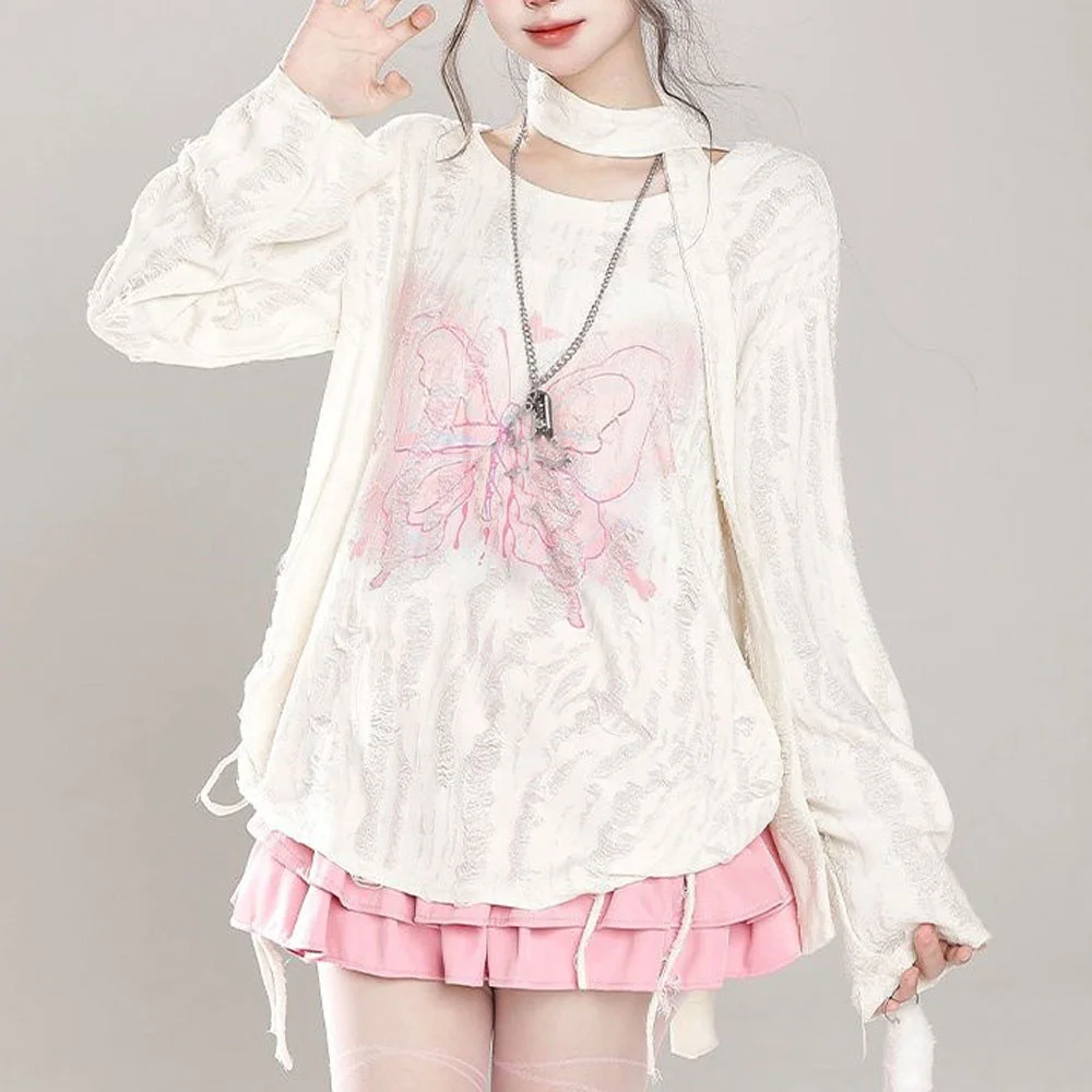

Y2k Aesthetic Women Butterfly Print T-shirt Harajuku Hole Autumn Casual Loose Drawstring Tees Streetwear Grunge Bandage Tshirts