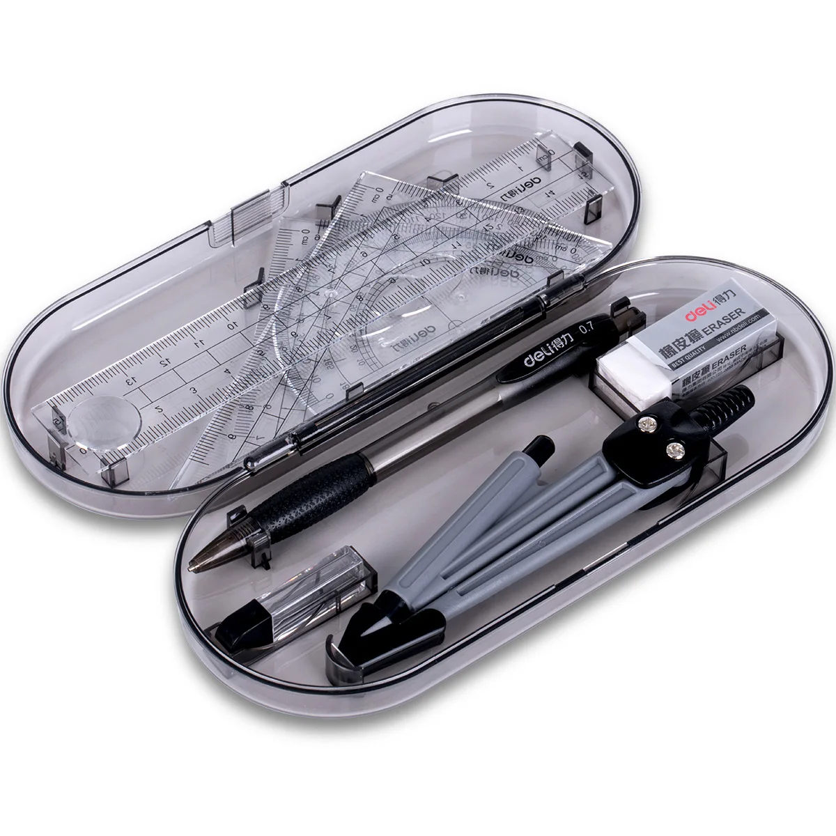 Deli Maths Set Mathematical Set Compass Ruler Triangle Earaser Mechanical Pencil Refills Protractor Stationery for School Office