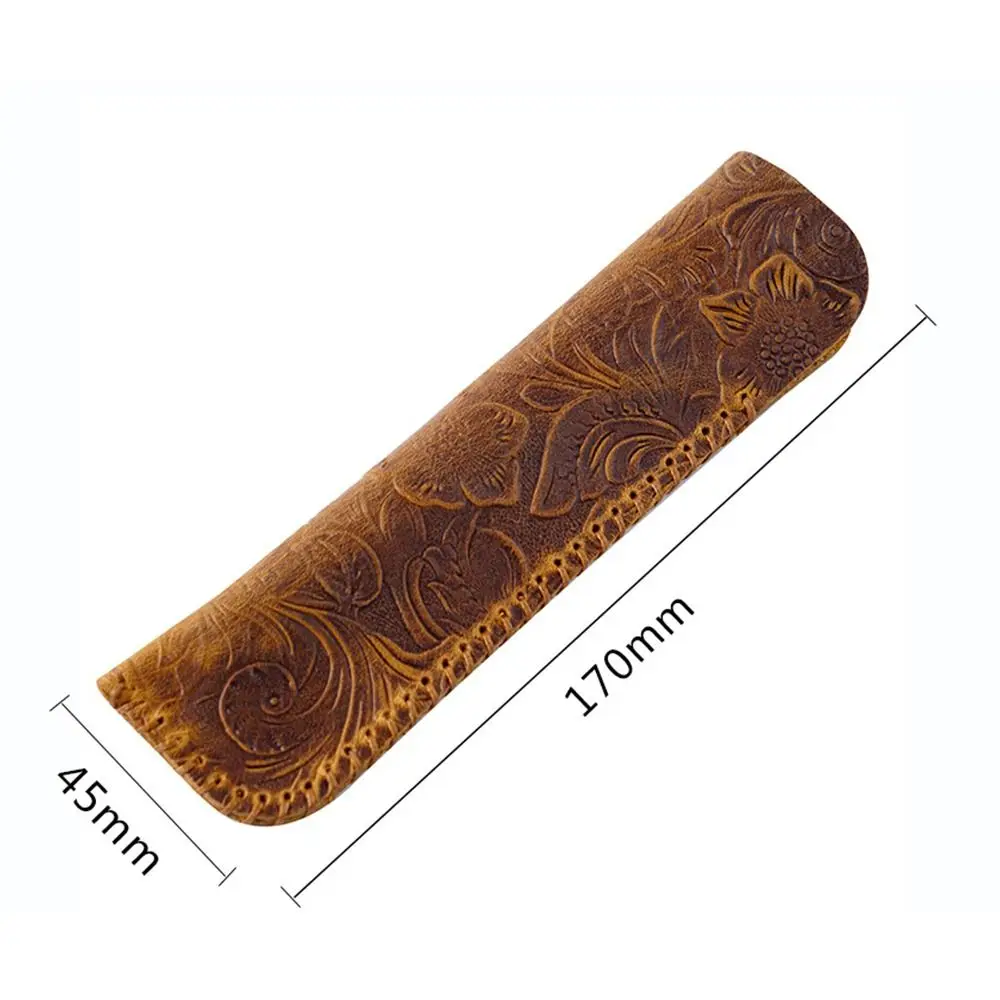 Retro Genuine Leather Pen Bag Creative New Brown Embossing Flower Pen Pouch Gift Protection Case Portable Storage Bag