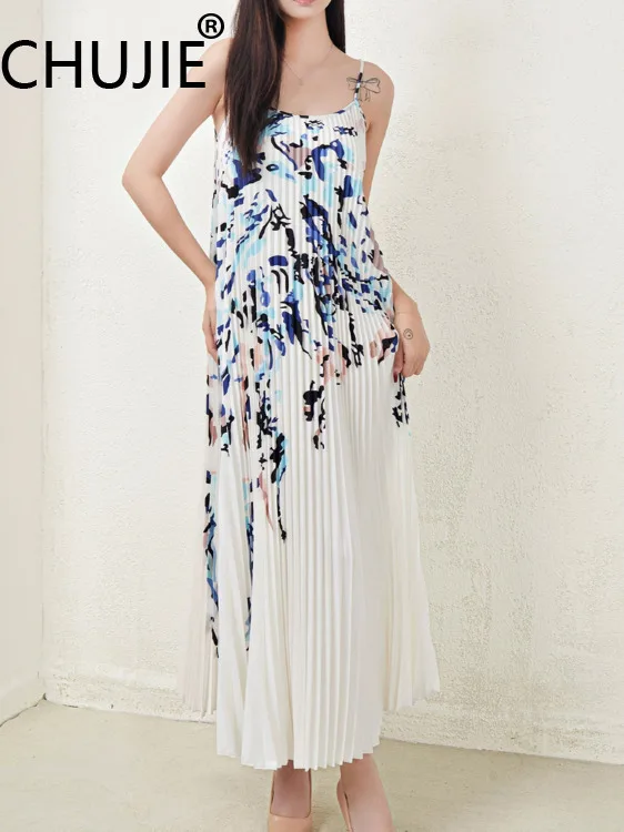 CHUJIE فستان نسائي موضة الترفيه الراقية مطبوعة حزام فضفاض بلا أكمام التجاعيد طول الركبة فستان 2025 ربيع/صيف جديد