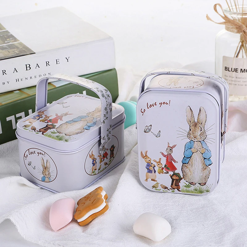 1Pc Vintage Tinplate Little White Rabbit Suitcase Candy Box Gift Box Cookie Small Suitcase Sundries Organizer Storage Can