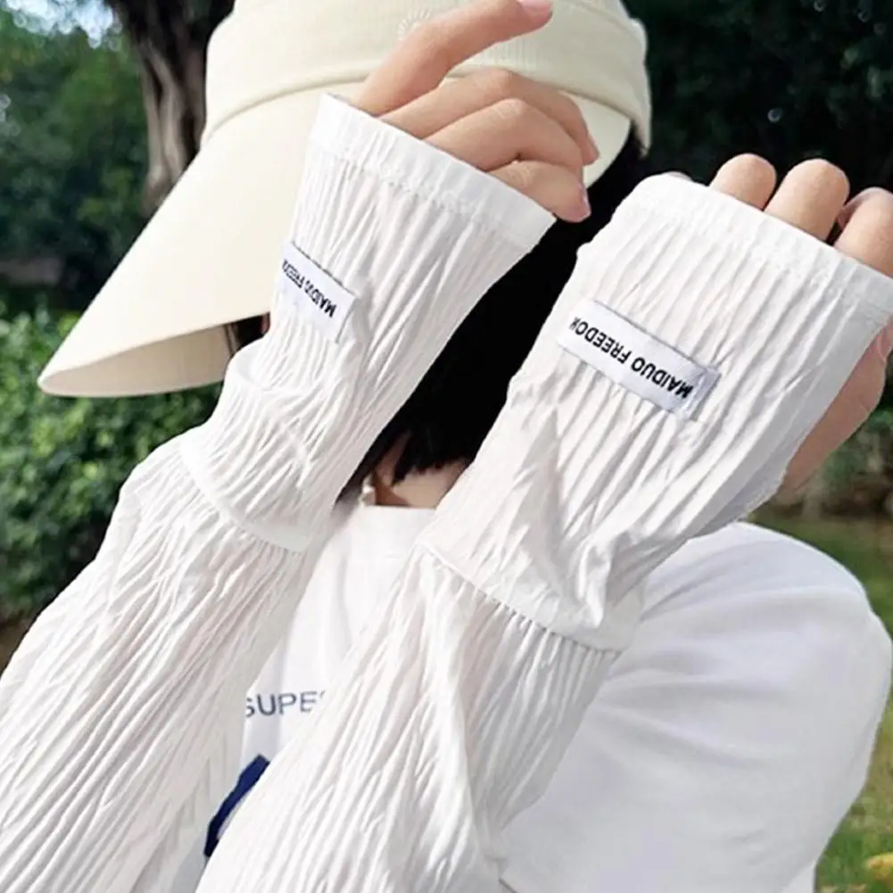 우아한 여름 얼음 실크 쉬폰 슬리브 태양 보호 팔 커버 긴 핑거리스 장갑 얇은 메쉬 팔 슬리브 통기성 장갑