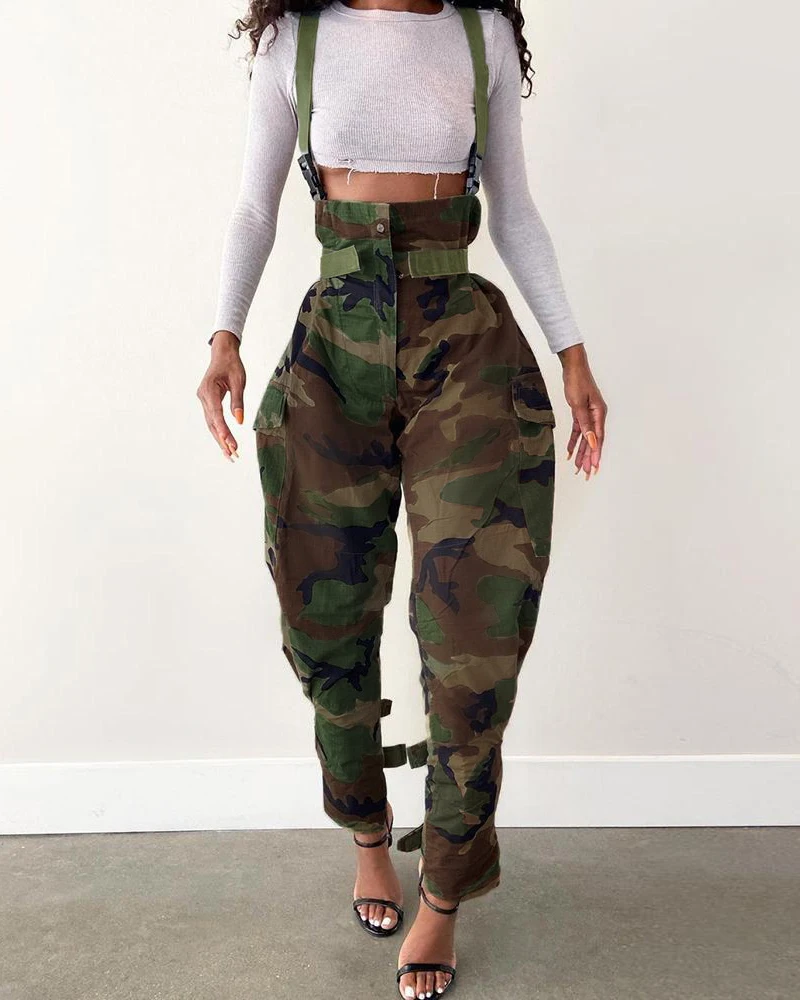 Spring Women Camouflage Print High Waist Cargo Pants 2023 New Femme Suspender Pocket Design Loose Trousers Lady Clothing traf