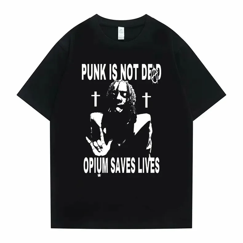 Hip Hop Oversized Playboi Carti Punk Is Not Ded Opium Saves Lives Print Tshirt Men Women Casual Loose T Shirt Men's Black Tees