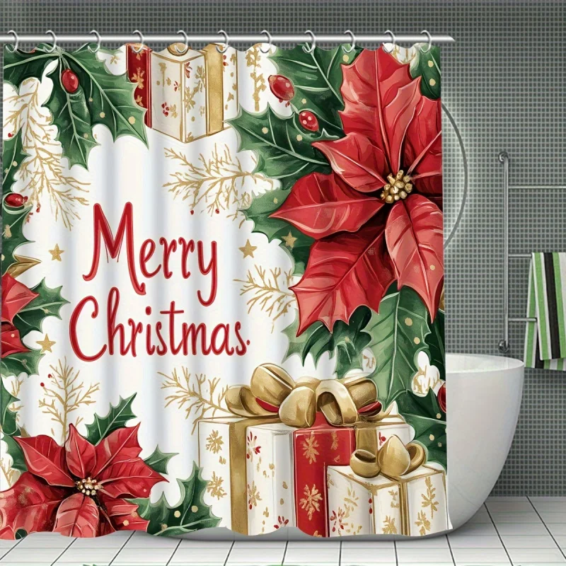 JIT 1/4PCs Merry Christmas winter set, ball Poinsettia gift box bow vintage red green shower curtain for Christma