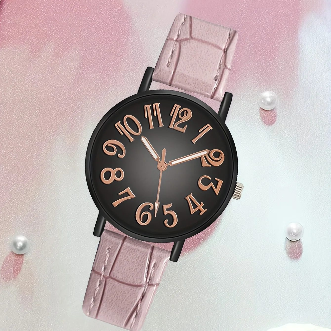 Casual Round Pointer Quartz Watch Large Numeral Analog PU Leather Wristwatch For Women Men Students