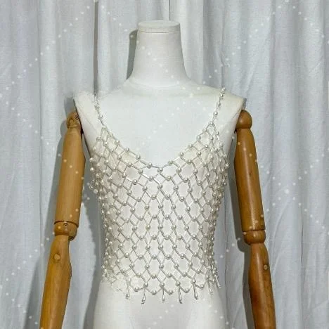 

Faionable Yanie Versatile Super Pearl Hollow out iny Beaded Body Chain Strap Top Vest Underwear Original Design ort Length