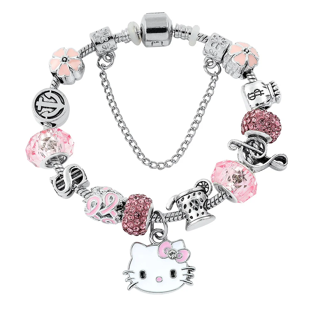 

Cute New Sanrio Hello Kitty Bracelet Pink Beaded Diamond Anime Hand Ornament Fashion Jewelry Ladies Girls Holiday Gifts
