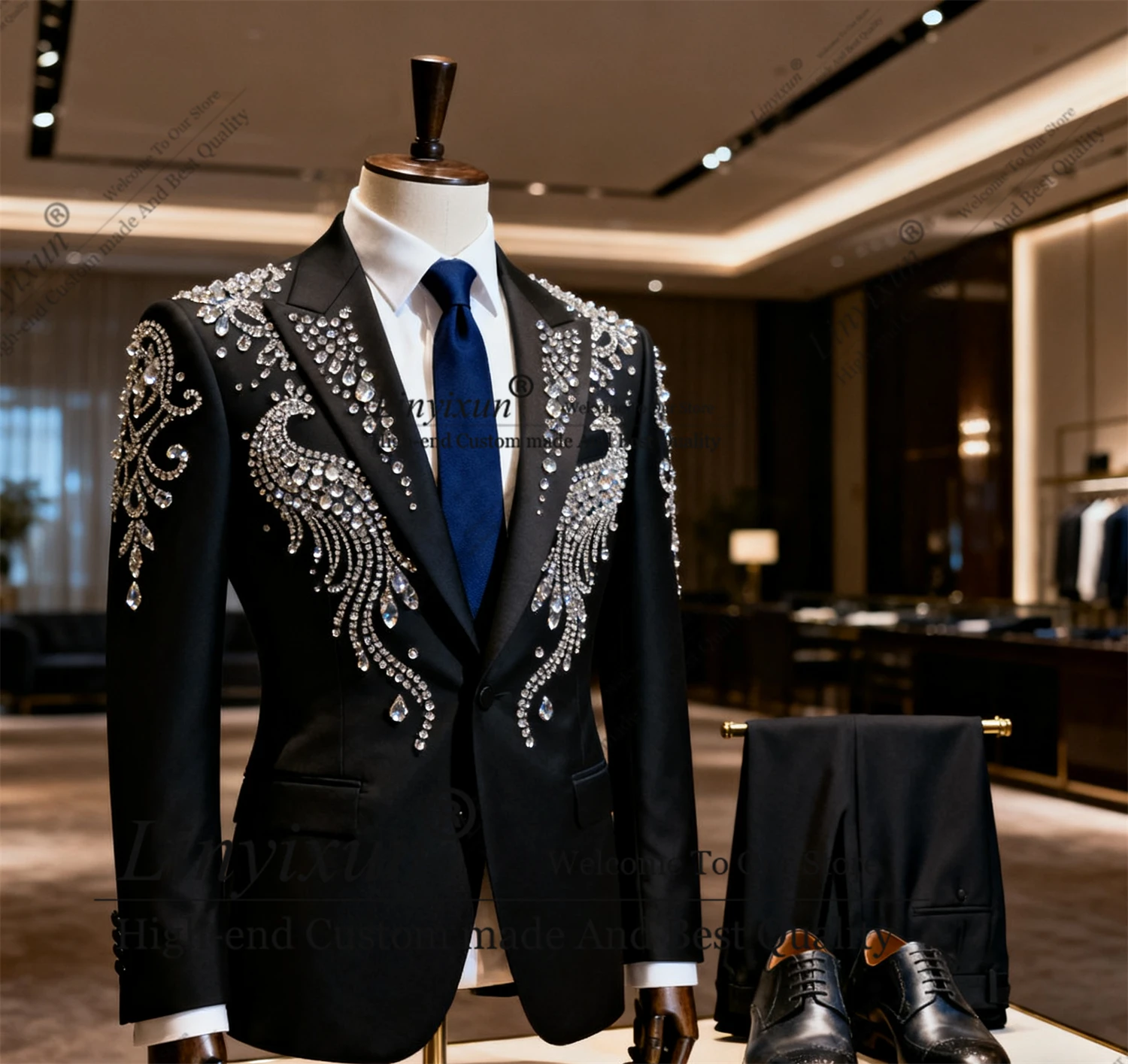 

Luxury Men Suits 2 Pieces Sets Rhinestones Diamond Groom Male Blazers Birthday Ropa hombre Customized Slim Fit Wedding Tuxedos