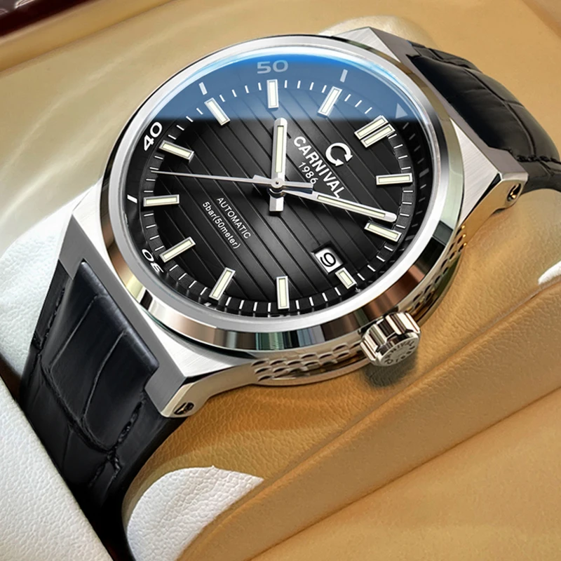 

Carnival Brand Fashion MIYOTA Movement Mechanical Watch Men Leather Strap 50M Waterproof Luxury Sapphire Automatic Watches Mens