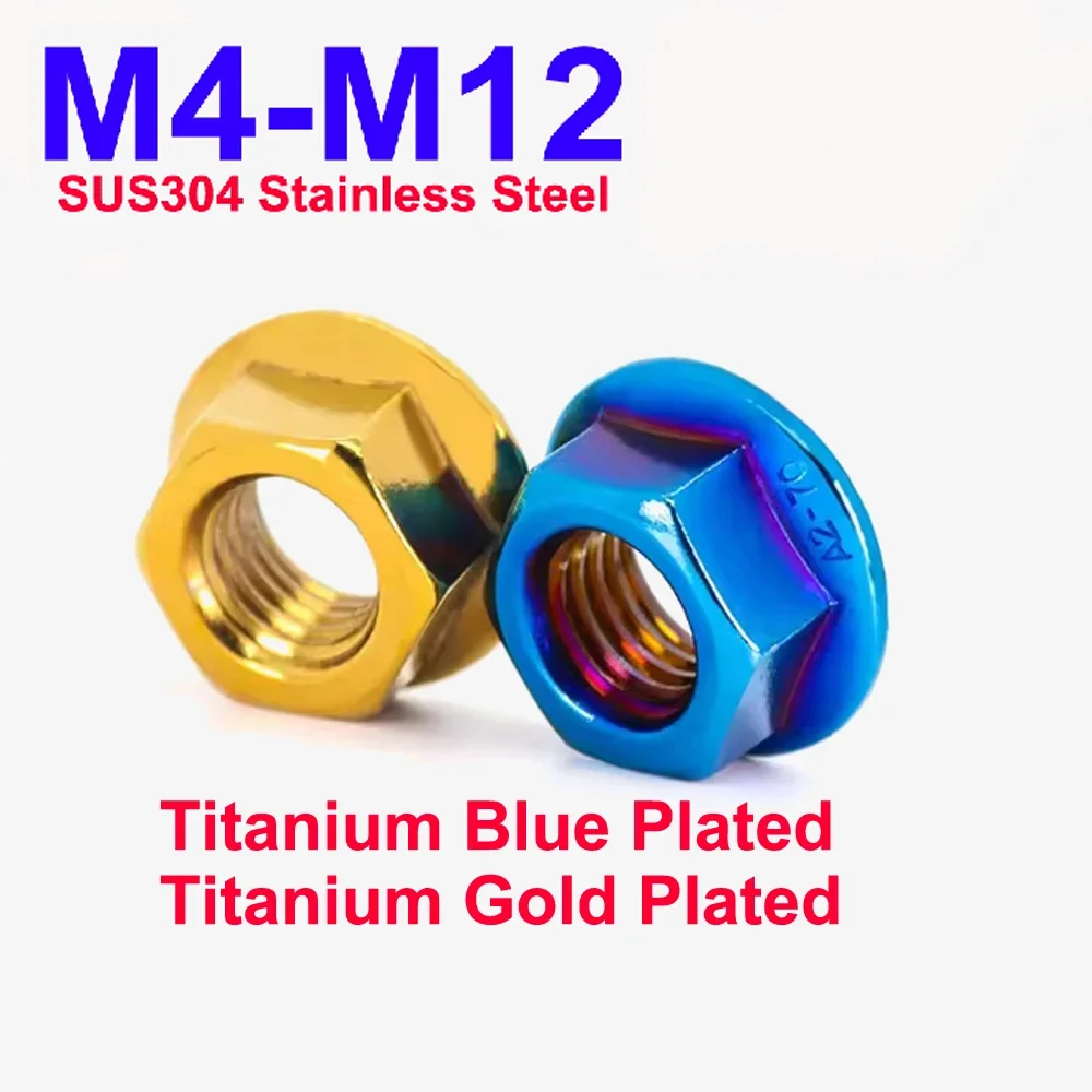 

DIN6923 M4-M12 A2 Stainless Steel Embossed Hexagonal Flange Anti Loosening Tooth Nut Blue & Gold For Motorcycle Parts