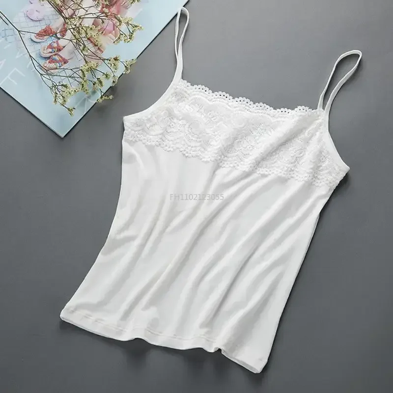 Women Basic Layer Sleeveless for Tank Top Scalloped Floral Lace Splicing Chest Slim Camisole Stretchy Spaghetti Strap Solid