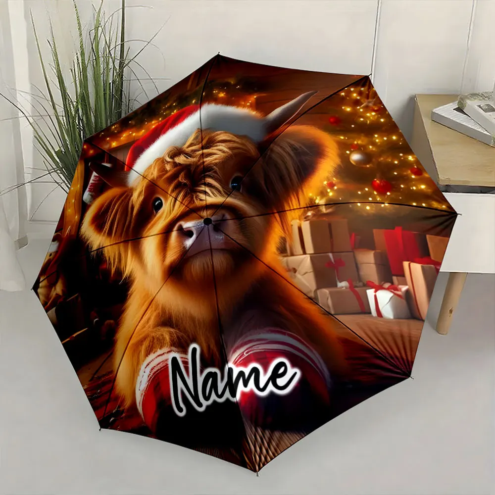 Custom Name  Festive Umbrella with Holiday-Themed Design Print 8 Iron Ribs Folding Umbrella Auto-Open Fashion Sunshade