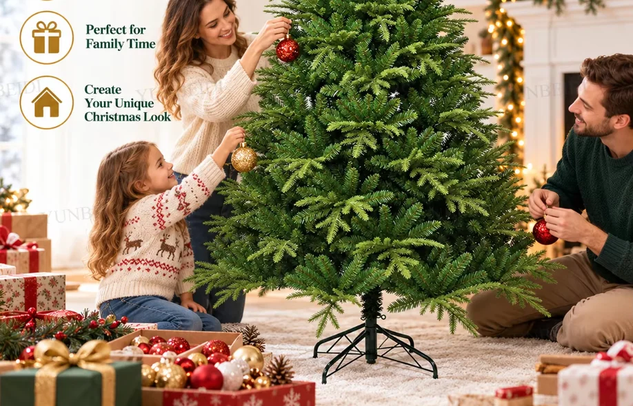 PE&PVC Mixed Artificial Christmas Tree 120cm-240cm Full Green Xmas Tree with Metal Stand Optional USB LED Lights Home Xmas Decor