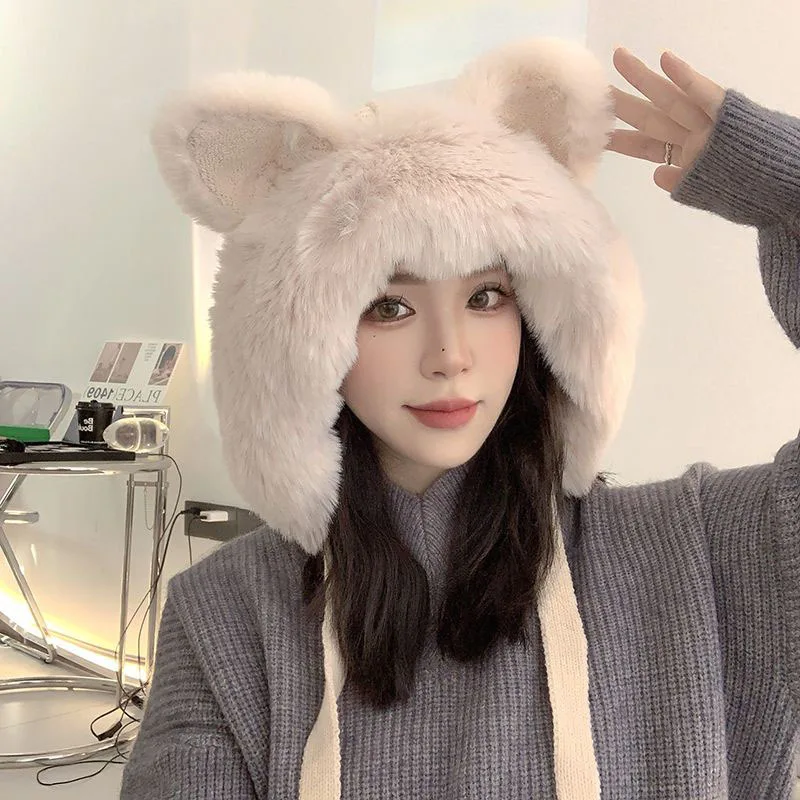 2023 New Cute Big Ear Knitted Hat Furry Fox Hat Winter Womem Warm Knitted Ear Protection Hat Fashion Pullover Plush Brimless Hat